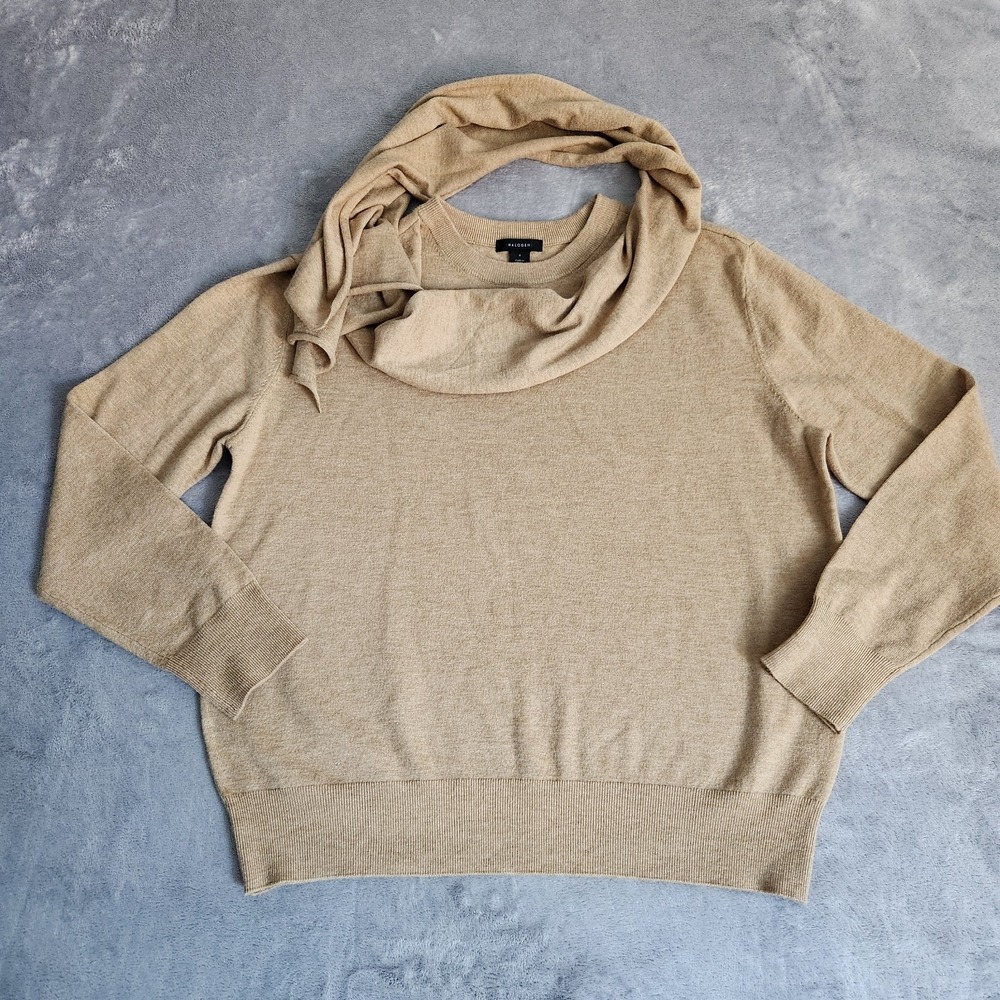 Halogen Tan Wool Blend Crewneck Sweater with Attached Scarf Detail S Small